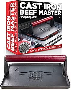 The Beef Master Cast Iron Grill Press - XL Burger Press, Pre-Seasoned Griddle Press, Heavy Duty Meat Press for Bacon, Burgers, and Steak with Cool Touch Handle - 10”x10”x4”