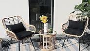 JOIVI 3 Piece Patio Bistro Set, Wicker Outdoor Patio Set with Enhanced Comfort Seating, Round Glass Top Coffee Side Table, Patio Rattan Conversation Set for Balcony, Lawn, Garden, Backyard, Black