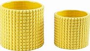 MyGift 6 Inch Ceramic Round Planter Pot, Set of 2 Vintage-Style Yellow Ceramic Flower Pots, Indoor Hobnail Textured Cylindrical Succulent Plant Containers