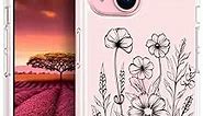 Compatible with iPhone 15 Plus Case Cute Flower Floral Clear Girly Designer Girls, Transparent Phone Case Floral Design Phone 15 Plus (Botanical Black Flowers Line Art)