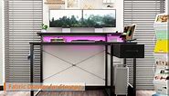Gaming Desk with LED Lights & Power Outlet, 55 Inch Computer Desk with Drawer, Reversible Desk with Adjustable Monitor Shelf & Headphone Hook for Home Office, White