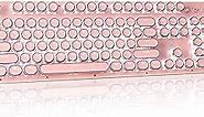 Retro Steampunk Typewriter-Style Gaming Keyboard, Blue Switches,Pure White Backlight, USB Wired, for PC Laptop Desktop, Stylish Pink Mechanical Keyboard Round Keycaps