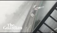 Typhoon winds overturn truck on bridge in Japan