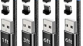 Terasako Magnetic Charging Cable 4-Pack [1ft/3ft/6ft/6ft], 360° Rotating Magnetic Phone Charger Cable with LED Light, 90° Angle Connector, Nylon-Braided Cords