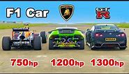 F1 Car v 1200hp Lamborghini v 1300hp GT-R NISMO: DRAG RACE