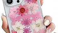 JANDM Real Flower iPhone 15 Pro Case, Clear Soft Flexible Rubber Pressed Dry Real Flower Girls Women Glitter Floral Case for iPhone 15 Pro -Pink
