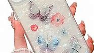 KERZZIL Girly Butterfly Compatible with iPhone 13 6.1-inch Square Edge Case,Chic Slim Translucent Colorful Mother Shell Pearl Flower Soft TPU Silicone Protective Cases Cover