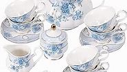 fanquare Blue Flowers Porcelain Tea Set,Tea Cup and Saucer Set,Service for 6,Wedding Teapot Sugar Bowl Cream Pitcher,China Coffee Set
