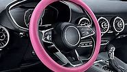 Evankin Pink Leather Steering Wheel Cover, Comfortable and Soft Solid Color Universal Steering Wheel Cover 15 inch, Pink Car Accessories for Women, Top Girl Car Accessories (Pink),