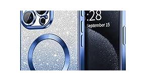 Hython for iPhone 15 Pro Max Case Clear Magnetic Glitter Phone Cases [Compatible with MagSafe] Full Camera Lens Protector Slim Gradient Sparkle Luxury Plating Shockproof Protective Cover, Deep Blue