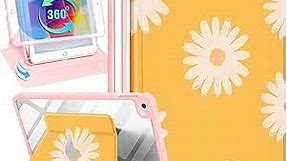 for Apple iPad Mini 4/5 Case, for iPad Mini 4th/5th Generation Cases Kids Cute Girls Folio Cover with Pencil Holder Women Girly Flower Yellow Aesthetic Rotating Stand for iPad Mini 7.9 Inch