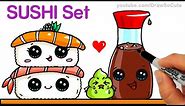 How to Draw Kawaii Sushi Easy - Sushi, Wasabi and Soy Sauce step by step Cartoon Food