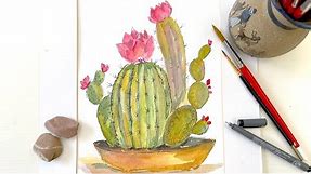 How to Paint Cactus Plants in Watercolor - Paint Succulent Flowers Real Time Step by Step Tutorial