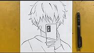 Easy anime sketch || how to draw anime boy holding phone step-by-step