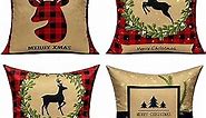 All Smiles Christmas Red Gold Throw Pillow Covers Buffalo Check Plaid Cushion Cases Happy New Year Décor 20x20 Deer PiIlowcase Tree Prints Xmas Decorations for Sofa Couch Bed