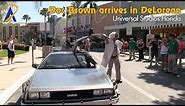 Doc Brown drives Back to the Future DeLorean into Universal Studios Florida