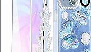 Goocrux (4in1 Case for Apple iPhone 14 Plus Butterfly Glitter Handmade Sequin Sparkle Pretty for Women Girls Clear Design Crystal Sparkly Cute Girly Phone Cases+Chain+Camera Cover+Screen Protector