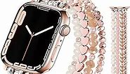 JR.DM Beaded Bracelet Compatible with Apple Watch Band 40mm 38mm 41mm Series 9/8/7/SE/6/5/4/3/2/1 Women Girls Dressy Fancy Handmade Stretchy Strap Replacement for iWatch Bands(Rose/Gold)