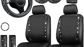 CAR PASS® Leather Diamond Bling Seat Covers Sets 11 pcs, Bling Car Accessories Set for Women, Sparkly Rhinestone Steering Wheel Cover Sets, Glitter Cute Car Interior Sets for Women Girl, Black Diamond