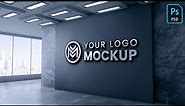 3D office wall logo mockup with dark gray wall tutorial in adobe photoshop