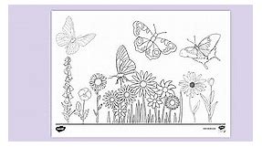 Printable Colouring Page of Flowers and Butterflies - Twinkl