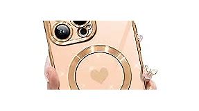 Fiyart Magnetic Matallic Glossy Square Case for iPhone 12 Pro Max Compatible with MagSafe, Slim Full-Body Cute Love Heart Luxury Bling Pattern Designs for Women Girls,Pink