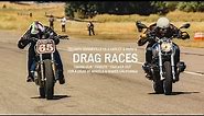 Triumph Bonneville "Tribute" vs Harley Dyna, BMW R9T, S1000RR | Wheels and Waves Cayucos Drag Race
