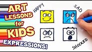 LEARN TO DRAW EXPRESSIONS | ART LESSONS FOR KIDS! (HAPPY FACE, SAD FACE, ANGRY FACE, SHOCKED FACE)