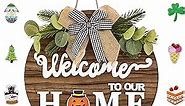 Interchangeable Seasonal Welcome Sign Front Door Decor– 30cm diameter Wooden Welcome to our Home Wreath for Home Decor with 14 Magnetic Interchangeable Icons, Suitable for all Occasions