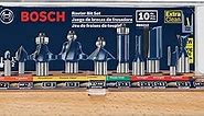 BOSCH RBS010 10-Piece 1/2 In. and 1/4 In. Shank Carbide-Tipped All-Purpose Professional Router Bits Assorted Set with Case for Applications in Straight, Trimming, Decorative Edging, Dovetail Joinery
