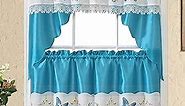 GOHD Lace Butterfly Cafe Curtain/Swag & Tiers Set, Luxury Satin Fabric with Matching Color Butterfly Embroidery and White Lace. (Blue, Swag and 24 inches Tiers Set)