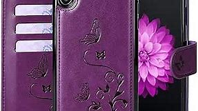 iPhone XR Wallet Case with 4 Card Holder for Women, Detachable Cover Flip Folio PU Leather Wrist Strap Removable Magnetic Kickstand with Floral Flower Design for Girls - Purple