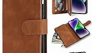 ZZXX iPhone 14 Plus Case Wallet with [RFID Blocking] Card Slot Premium Soft PU Leather Zipper Flip Folio with Wrist Strap Kickstand Protective Cover for iPhone 14 Plus Wallet Case(Brown-6.7 inch)
