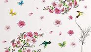 Supzone Pink Cherry Blossom Wall Decal Peach Blossom Wall Sticker Floral Butterfly and Birds Wall Decor Flower and Tree Branch Wall Art DIY Vinyl Mural for Girls Kids Nursery Bedroom Living Room