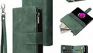UEEBAI Wallet Case for iPhone 7 Plus iPhone 8 Plus, Premium Vintage PU Leather Magnetic Closure Handbag Zipper Pocket Cover Kickstand Card Holder Slots Wrist Strap Shockproof Flip Case - Dark Green