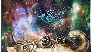 JAWO Cat Wall Tapestry Cool Funny Kitten Playing With Butterfly Starry Sky Nebula Galaxy Artwork Milky Way Space Psychedelic Tapestry Wall Hanging Home Decor Dorm Livingroom Bedroom Wall Blanket 71`\