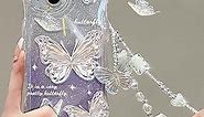 Design for iPhone 15 Plus Cute Blue Butterfly Case Glitter Sparkle Sparkly Cute Girly Phone Case for Women Girls + Crystal Chain - Purple