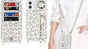 DEYHU iPhone 12 Phone Case with Card Holder for Women, iPhone 12 Case Strap, iPhone 12 pro Phone case Wallet with Credit Card Holders Crossbody with Kickstand Zipper Case - White Leopard