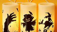 DRomance Halloween LED Flameless Pillar Candles Battery Operated Remote and Timer Real Wax Yellow Light Flickering Scarecrow Witch Ghost Hand Decals Halloween Candles Decoration Gifts(3 x 6 Inches)