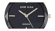 Anne Klein Women's Genuine Diamond Dial Gold-Tone and Black Leather Strap Watch