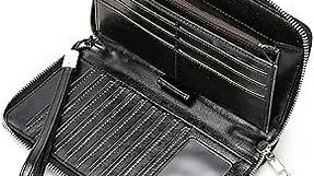 Telena Leather Wallets for Women Slim Zip Around Wristlet Clutch Purse Large Phone Holder Black