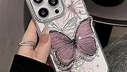Butterfly Phone Case for iPhone 13 Pro Max, Cute Korea Silver Mirror 3D Butterfly Phone Cover with Butterfly Holdstand for Women Girls