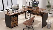 Bestier 55.7 in. Rustic Brown 2 Drawer L-Shaped Computer Desk with Lift-Top H100914E-RST