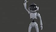 a stylized robot makes a greeting gesture, waving to the audience