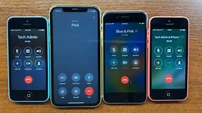 Blue & Pink iPhones 5C Outgoing Call & Conference Incoming Call + Yellow iPhone 11 & White iPhone SE