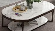 2-Tiered Modern Marble Coffee Table Black & White with Shelf Metal Frame | Homary