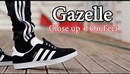 Adidas Gazelle (Black/White) On Feet with Different Pants and Close Up