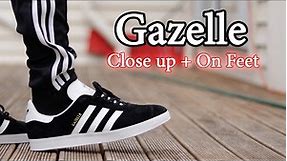 Adidas Gazelle (Black/White) On Feet with Different Pants and Close Up