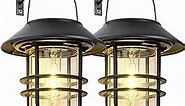 Solar Lantern Outdoor Lights, Hanging Wireless Waterproof Lantern Lights with Wall Mount Kit for Garden Porch Fence 2 Pack