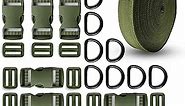 Buckles Strap 1 Inch: Nylon Webbing Straps 10 Yards, Quick Side Release Plastic Buckle Dual Adjustable 8 Pack, Tri-Glide Slide Clip 16 PCS, Metal D Rings 8 PCS Heavy Duty (Buckles Strap 1 Inch, Green)